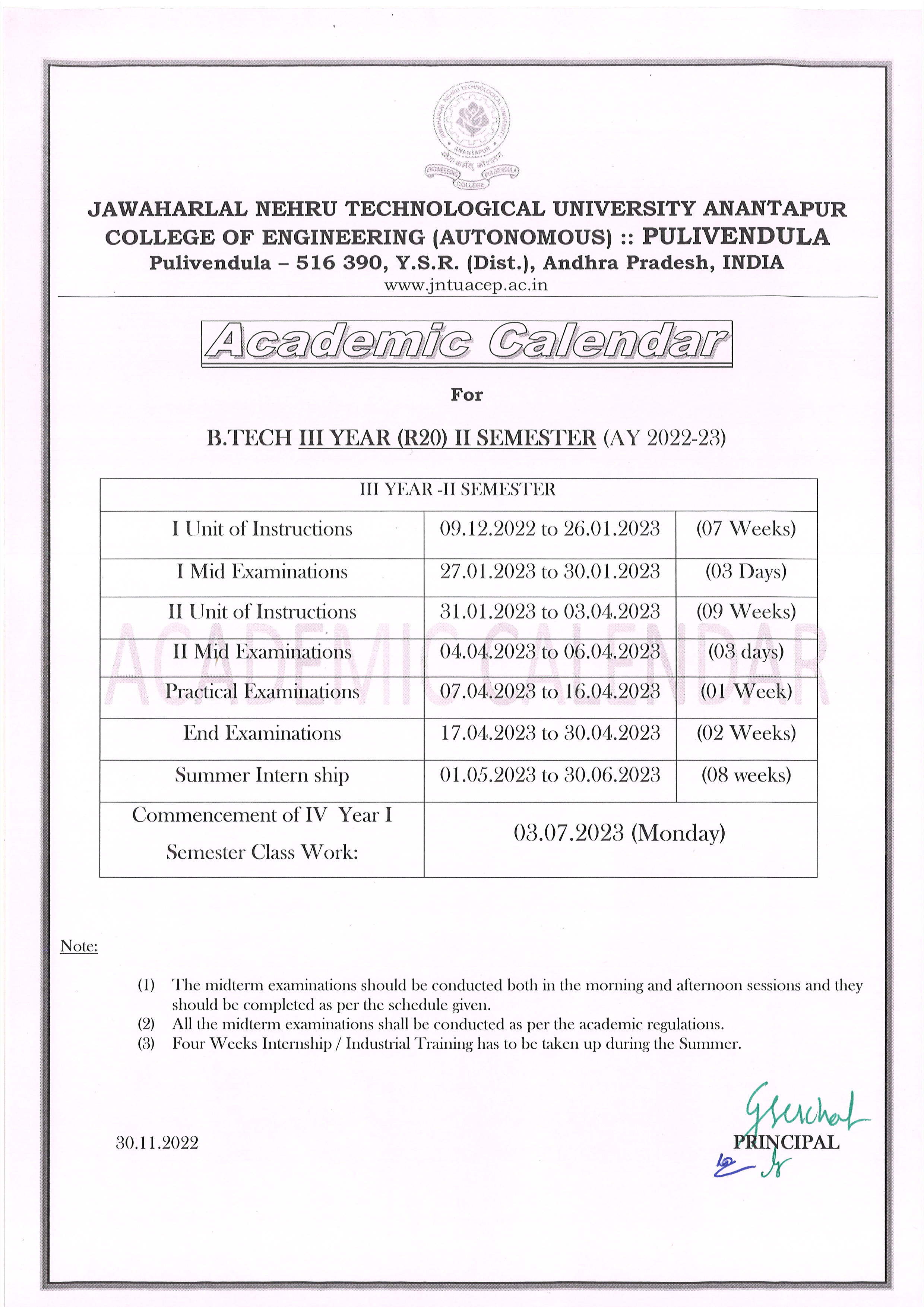 JNTUACEP | Academics | Academic Calendars